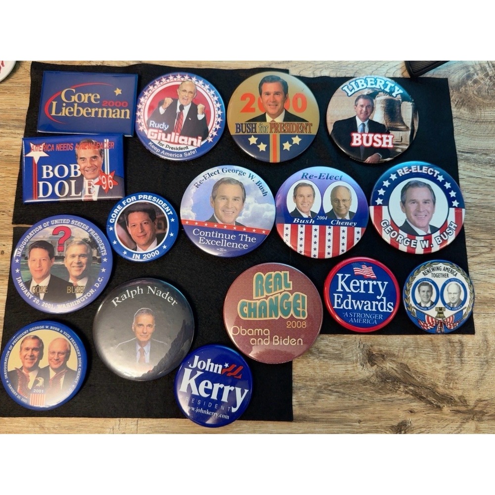 Political Campaign Button Lot 16 Bush Gore Kerry Nader Obama Dole 1996-2008